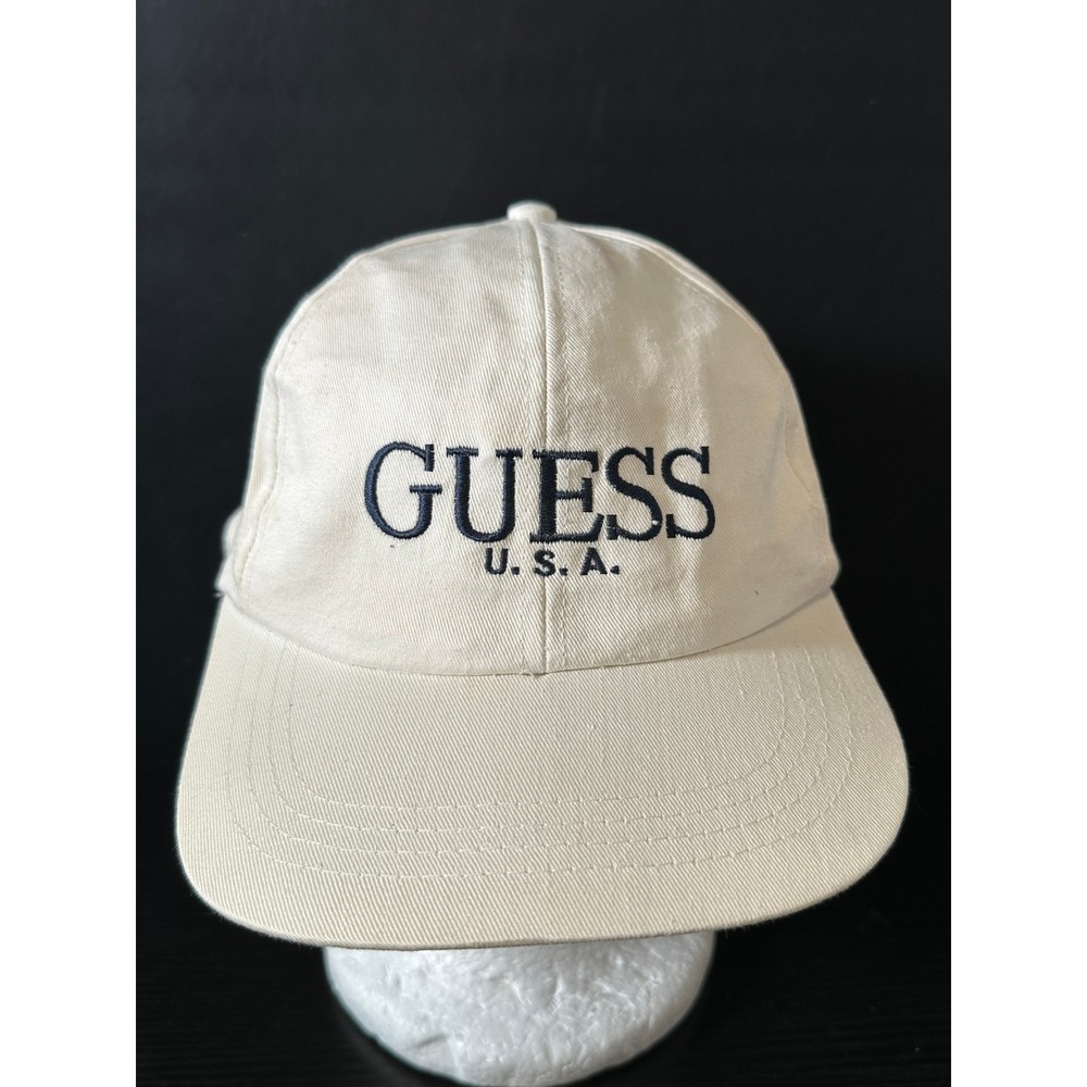 Vintage Guess USA American Tradition Snapback Hat Cream Navy Blue 9910 WHTN Cap